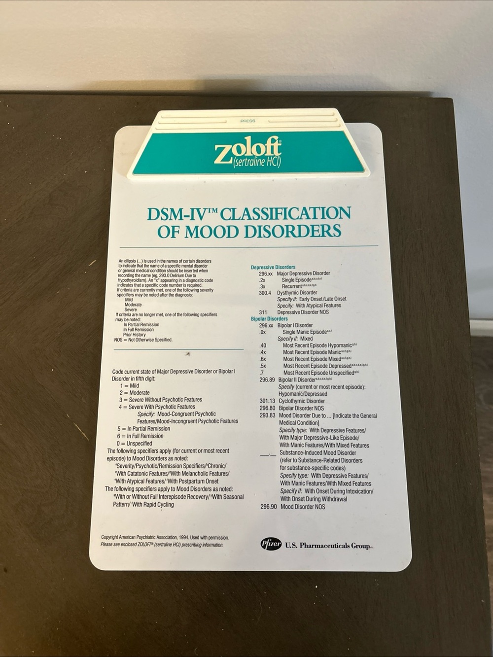 Zoloft DSM-IV Classification of Mood Disorders Clipboard- Teal and White